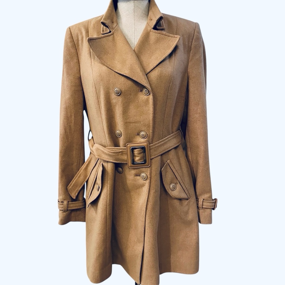 Andre Badi wool blend classic double-breasted camel trench coat size 34 M